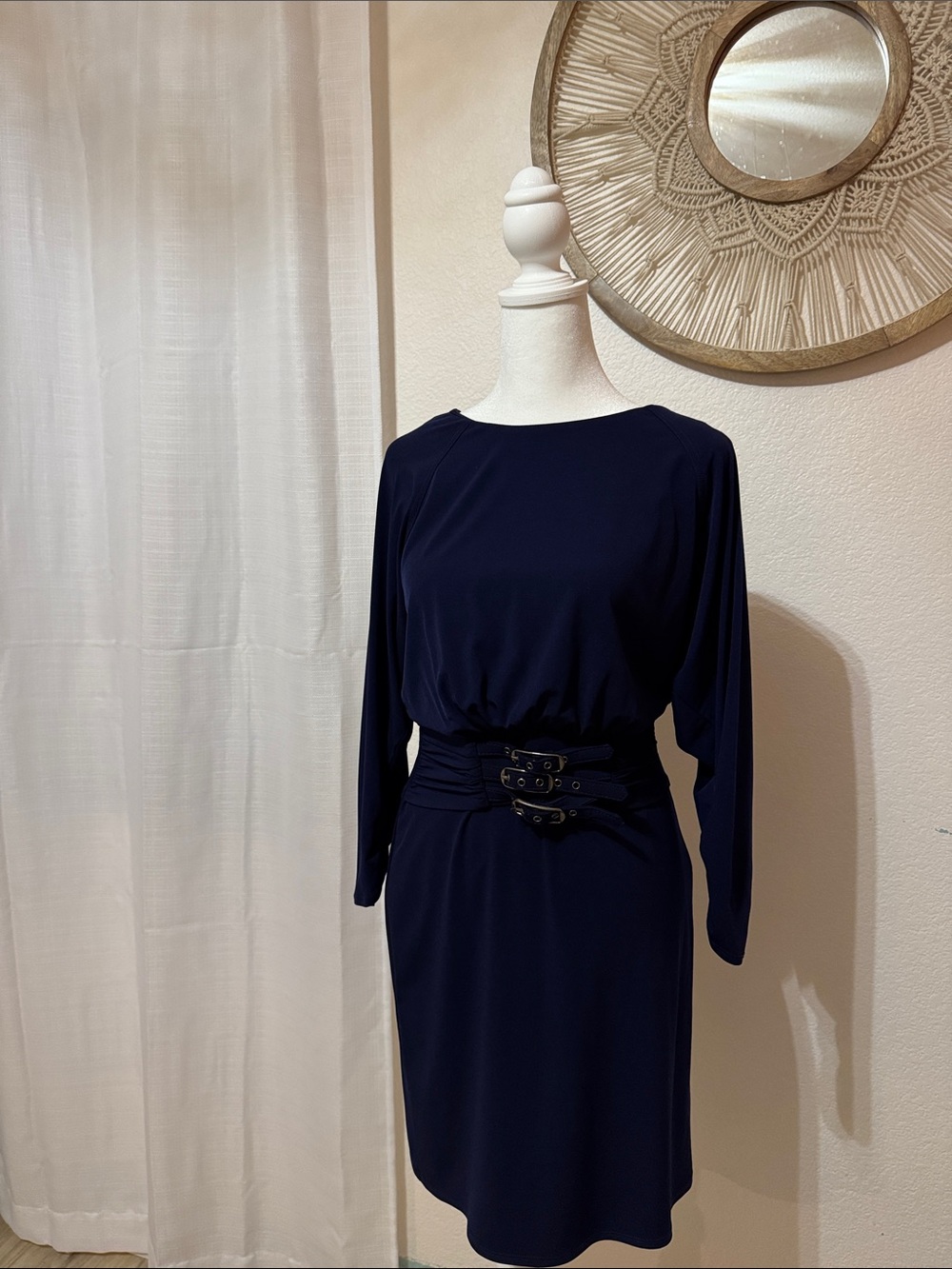 Laundry By Shelli Segal Navy Long-Sleeve Belted Dress